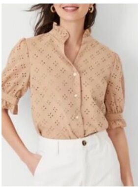 Ann Taylor Eyelet Ruffle Short Sleeve Blouse - Tan